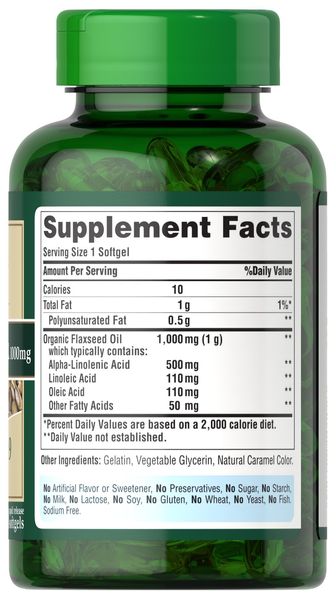 Puritan's Pride Natural Flax Oil 1000 mg 120 рідких капсул 01452 фото