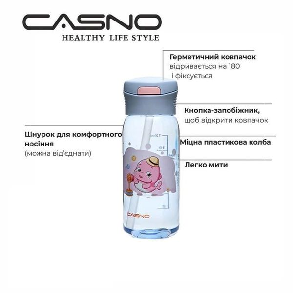 Пляшка для води CASNO 400 мл Бузкова (Дельфін) з соломинкою KXN-1195 фото