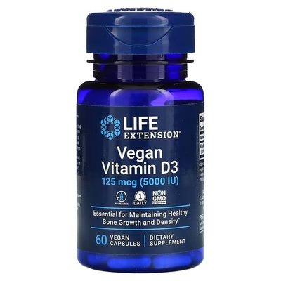 Life Extension Vegan Vitamin D3 125 mcg (5000 IU) 60 рослинних капсул LEX-24226 фото