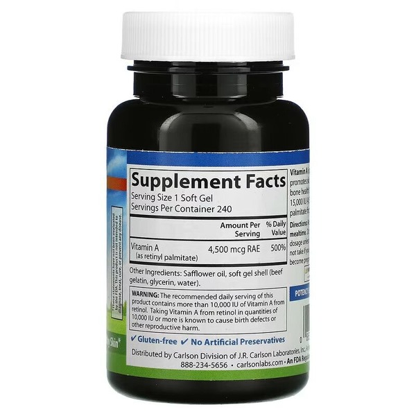 Вітаміни та мінерали Carlson Labs Vitamin A 15000 IU, 240 капсул. Фото 2
