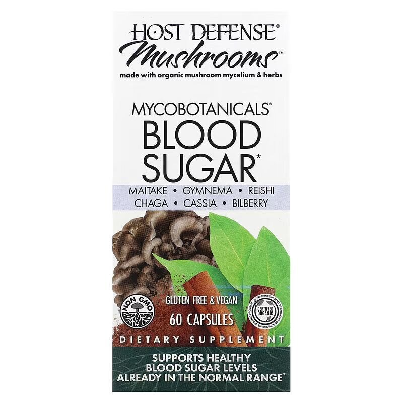 Смесь грибного мицелия и трав Host Defense MycoBotanicals Blood Sugar, 60 капсул для поддержки уровня сахара в крови. Фото 2