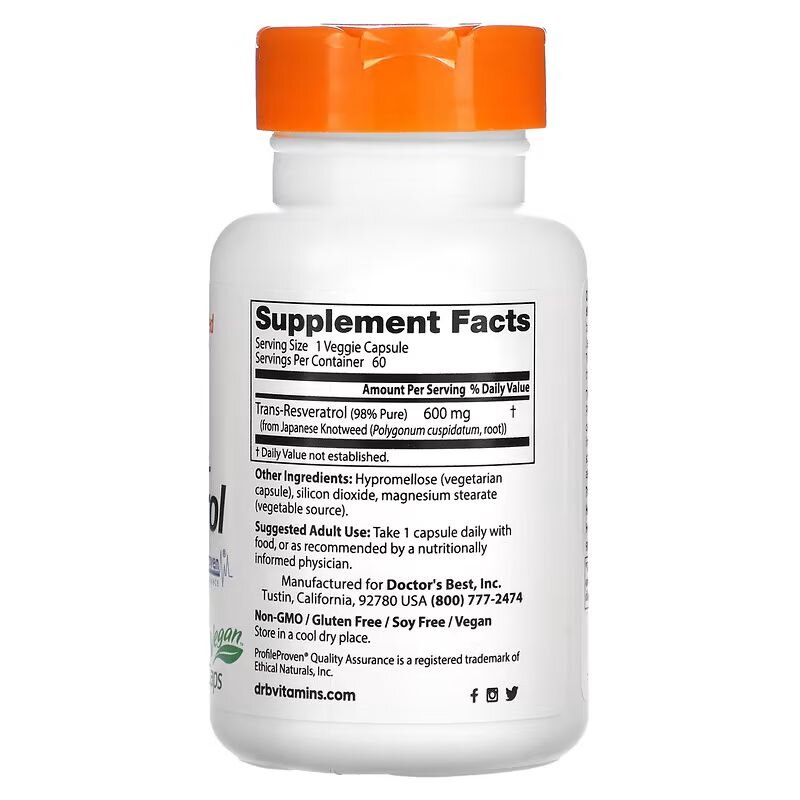 Транс-ресвератрол Doctor's Best Trans-Resveratrol 600 mg, 60 вегакапсул для підтримки серцево-судинної системи. Фото 2