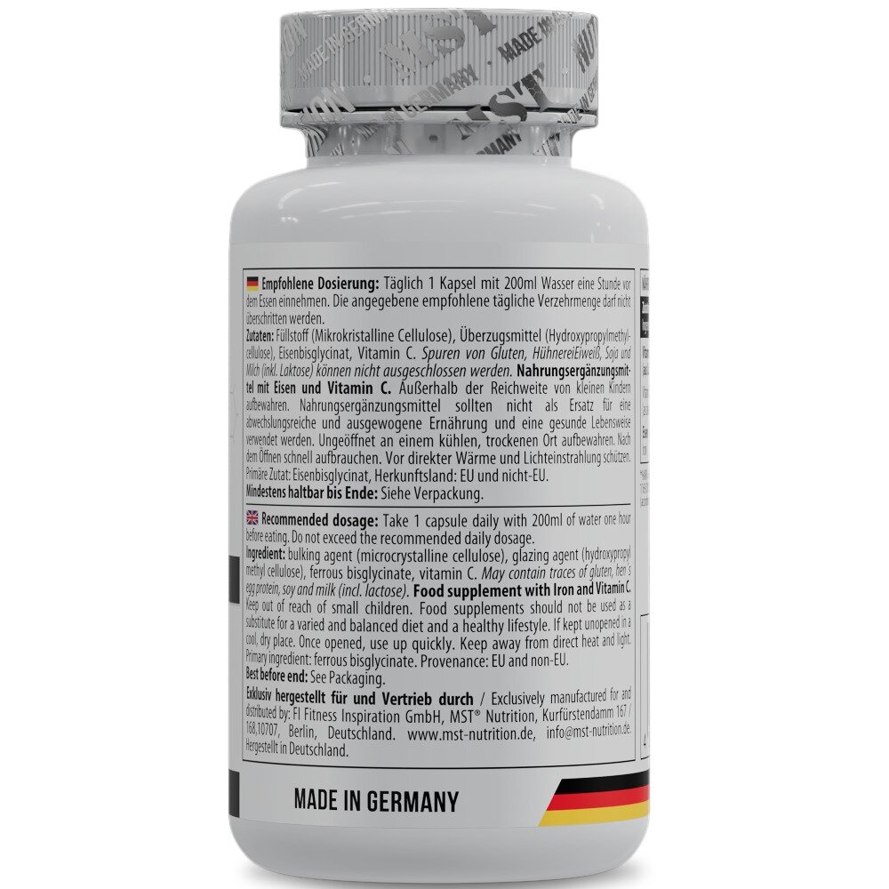 Вітамін С та залізо MST Nutrition Iron Bisglycinate, 60 капсул для профілактики залізодефіцитної анемії. Фото 2