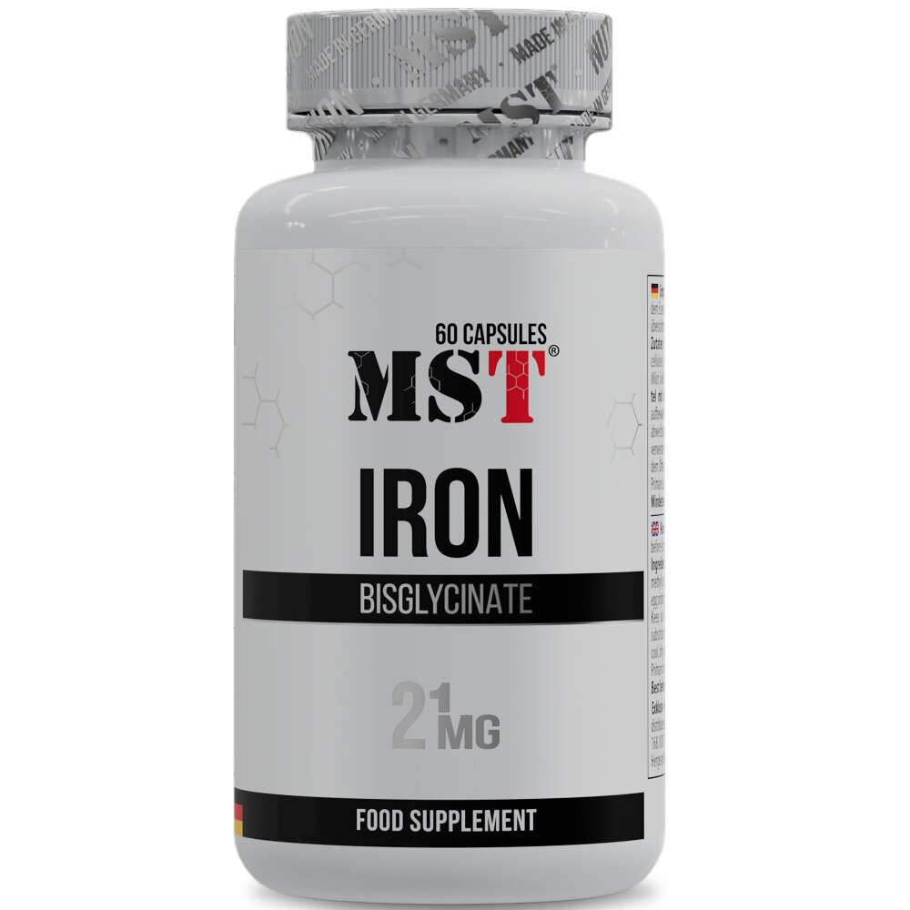 Вітамін С та залізо MST Nutrition Iron Bisglycinate, 60 капсул для профілактики залізодефіцитної анемії