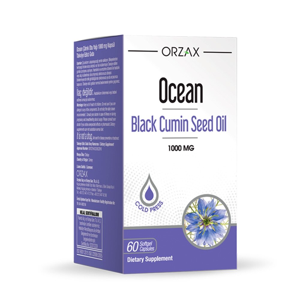 Олія чорного кмину Orzax Ocean Black Cumin Seed Oil 1000 mg, 60 капсул для підтримки шкіри та імунної системи