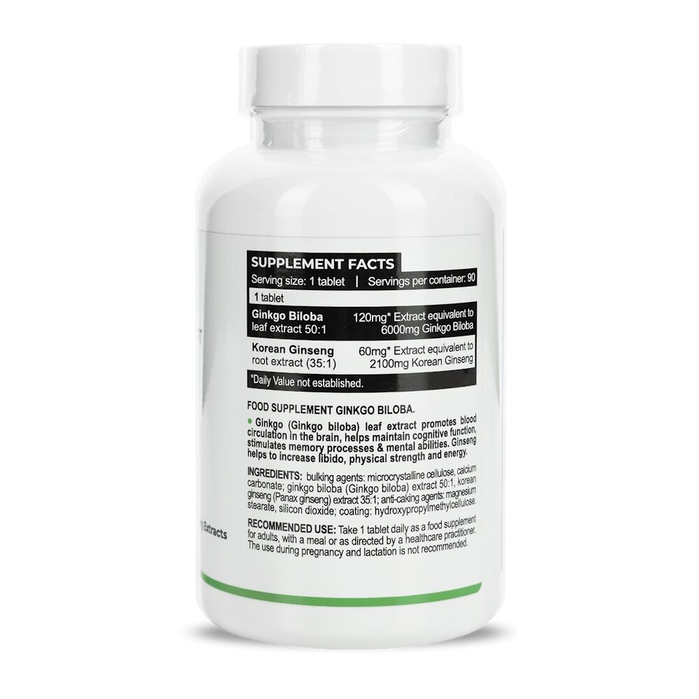 Екстракт гінкго білоба та женьшеню корейського Progress Nutrition Ginkgo Biloba + Ginseng Extracts, 90 таблеток. Фото 2