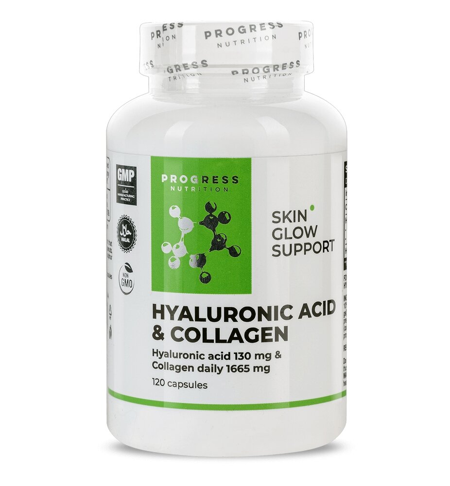 Гіалуронова кислота та  колаген Progress Nutrition Hyaluronic acid & Collagen, 120 капсул для підтримки шкіри, суглобів і зв'язок