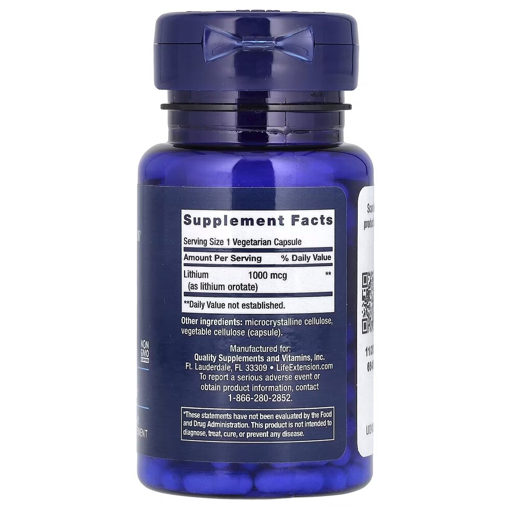 Литий оротат Life Extension Lithium 1000 mg, 100 вегакапсул для поддержки здоровья мозга. Фото 2