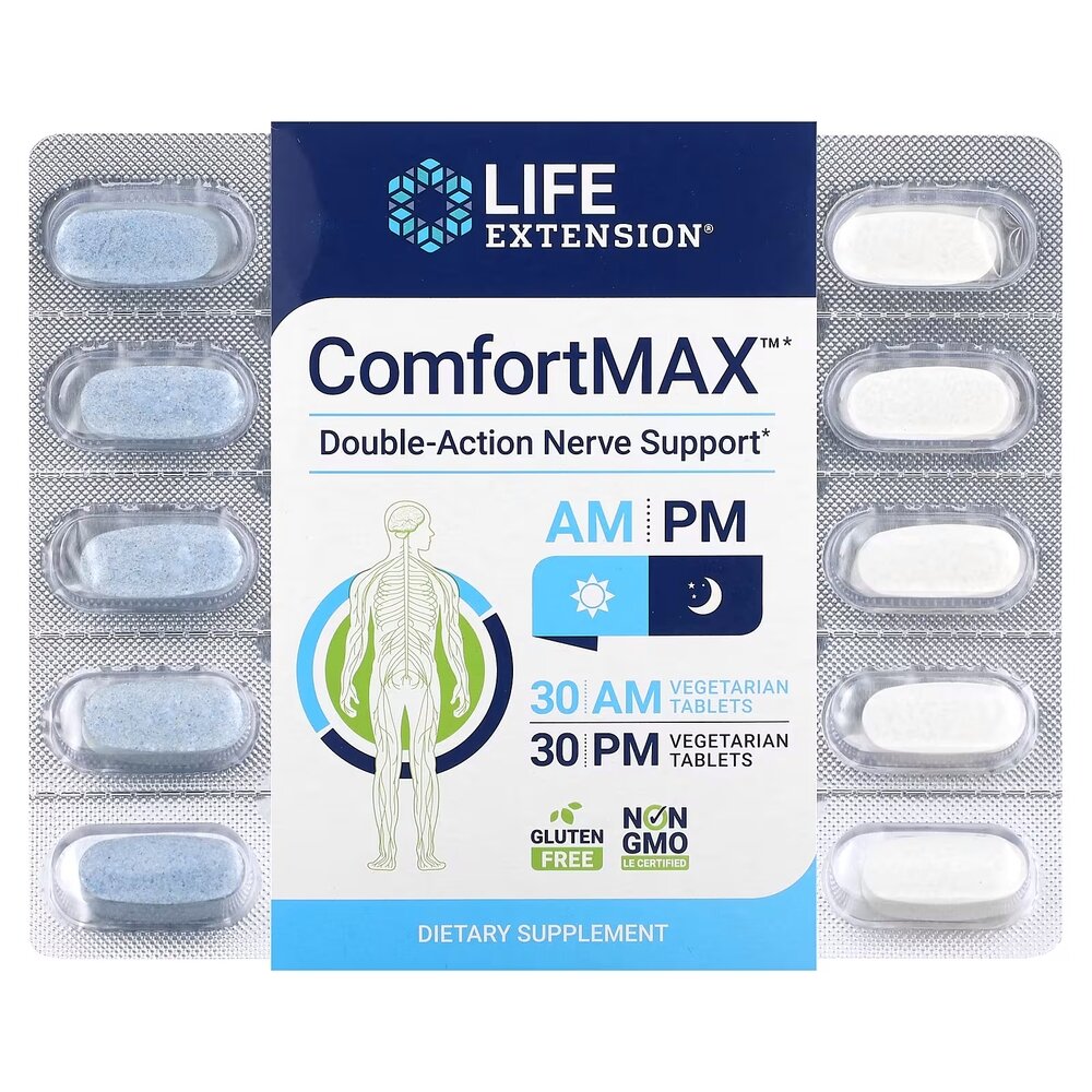 Кальцій та пальмітоїлетаноламід Life Extension ComfortMAX, 30+30 вегакапсул для підтримки нервової системи