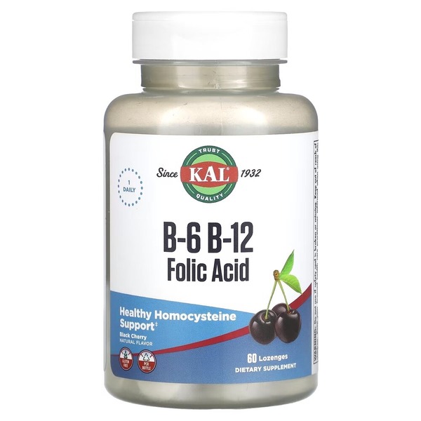 Вітаміни B6, B12 і фолієва кислота KAL B-6 B-12 Folic Acid, 60 пастилок для підтримки серцево-судинної системи