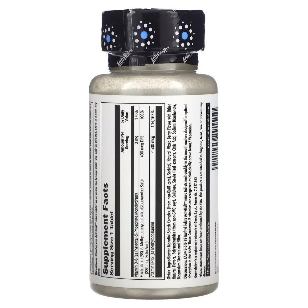 Витамины B6, B12 KAL B-6 B-12 Methyl Folate, 60 микро таблеток для поддержки сердечно-сосудистой системы. Фото 2