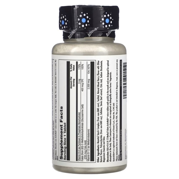 Витамины B6, B12 KAL B-6 B-12 Methyl Folate, 60 микро таблеток для поддержки сердечно-сосудистой системы. Фото 2