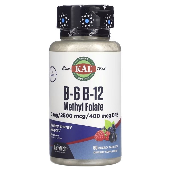 Вітаміни B6, B12 KAL B-6 B-12 Methyl Folate, 60 мікро таблеток для підтримки серцево-судинної системи