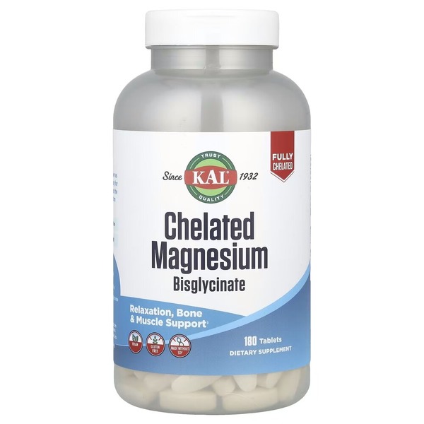 Магній бісгліцинат KAL Chelated Magnesium Bisglycinate, 180 таблеток для підтримки кісток, м'язів і нервової системи