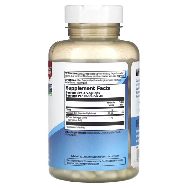Магній гліцинат KAL Magnesium Glycinate 350 mg, 160 вегакапсул для підтримки м'язів, кісток та нервової системи. Фото 2