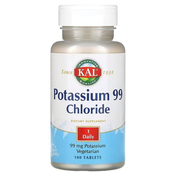 Хлорид калію KAL Potassium Chloride 99 mg, 100 таблеток для підтримки м'язів і нервової системи