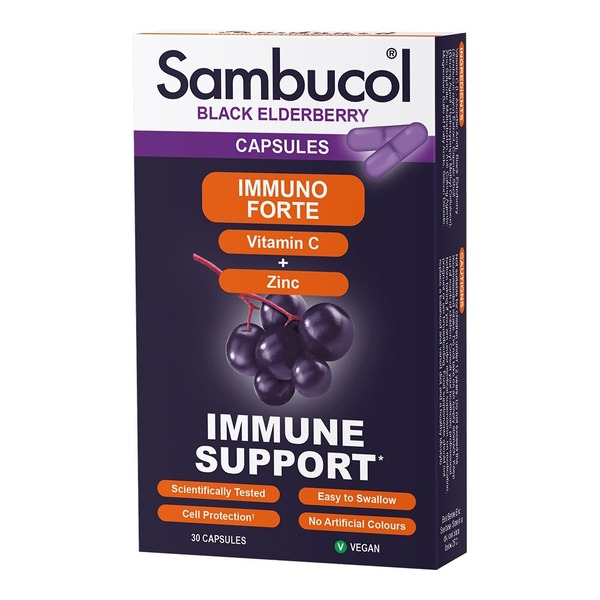 Экстракт черной бузины, витамин С и цинк Sambucol Black Elderberry Immuno Forte, 30 капсул для поддержки иммунной системы