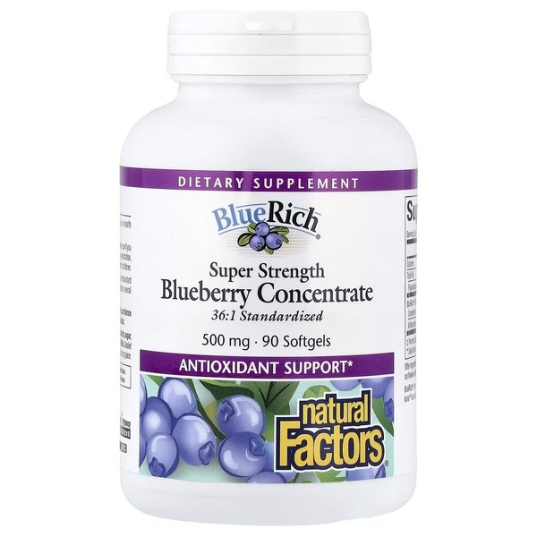 Концентрат черники Natural Factors BlueRich Bluberry Concentrate Super Strength, 90 капсул для поддержки зрения и сосудов