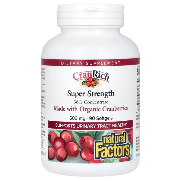 Екстракт журавлини Natural Factors CranRich Cranberry Concentrate Super Strength, 90 гелевих капсул для здоров'я сечовивідних шляхів