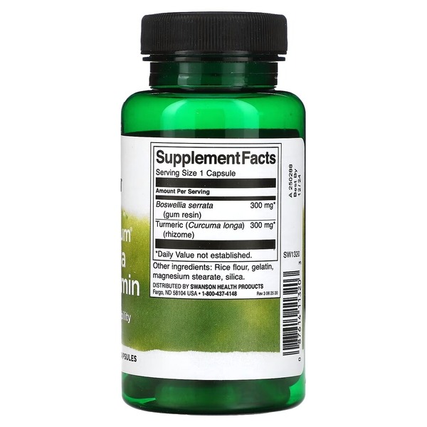 Натуральна добавка Swanson Boswellia and Curcumin Full Spectrum, 60 капсул для підтримки суглобів. Фото 2
