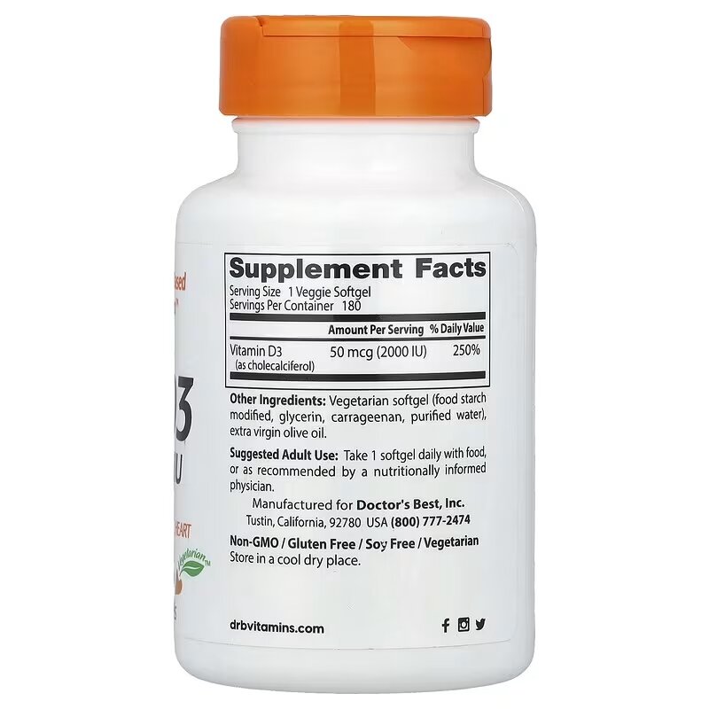 Вітамін D Doctor's Best Vitamin D3 2000 IU, 180 вегакапсул підтримання здоров'я кісток та зубів. Фото 2