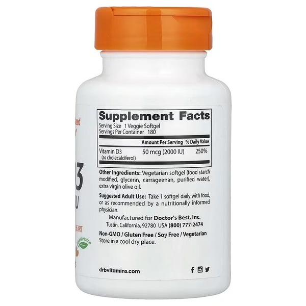 Вітамін D Doctor's Best Vitamin D3 2000 IU, 180 вегакапсул підтримання здоров'я кісток та зубів. Фото 2