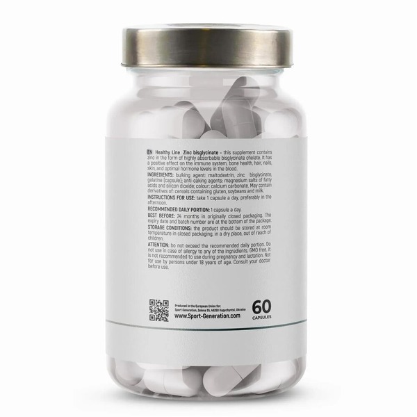 Бісгліцинат цинку Sport Generation Healthy Line Zinc Bisglycinate, 60 капсул. Фото 3