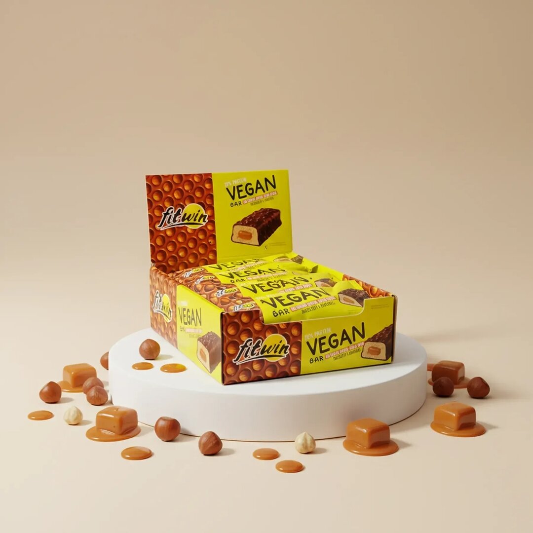 Блок веганских батончиков FitWin Vegan Bar, 12*50 грам - Карамель-фундук
