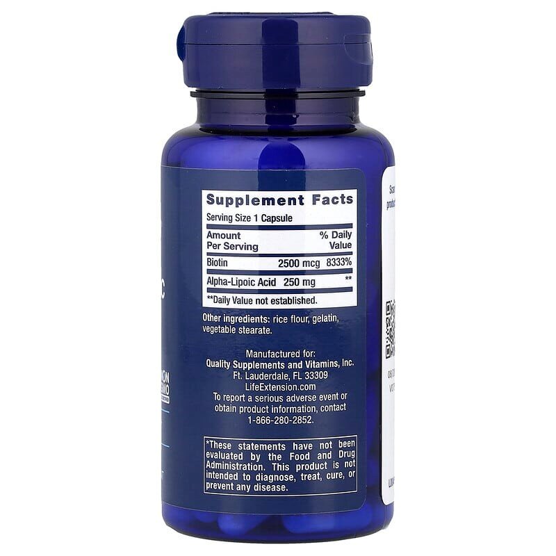 Натуральна добавка Life Extension Alpha-Lipoic Acid with Biotin, 60 капсул. Фото 2