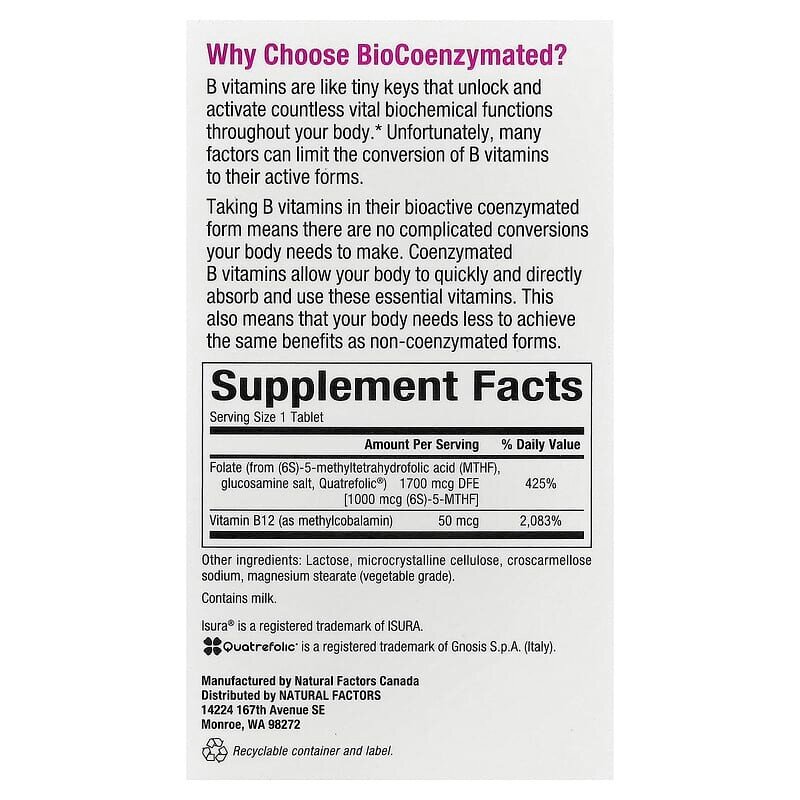 Витамины и минералы Natural Factors BioCoenzymated Methylfolate 1000 mcg, 60 таблеток. Фото 3