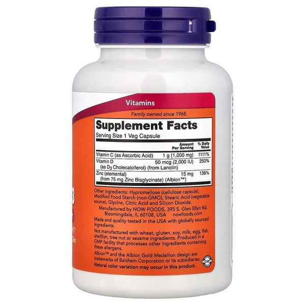 Вітаміни та мінерали NOW Vitamin C-1000 Zinc & D-3, 100 вегакапсул. Фото 2