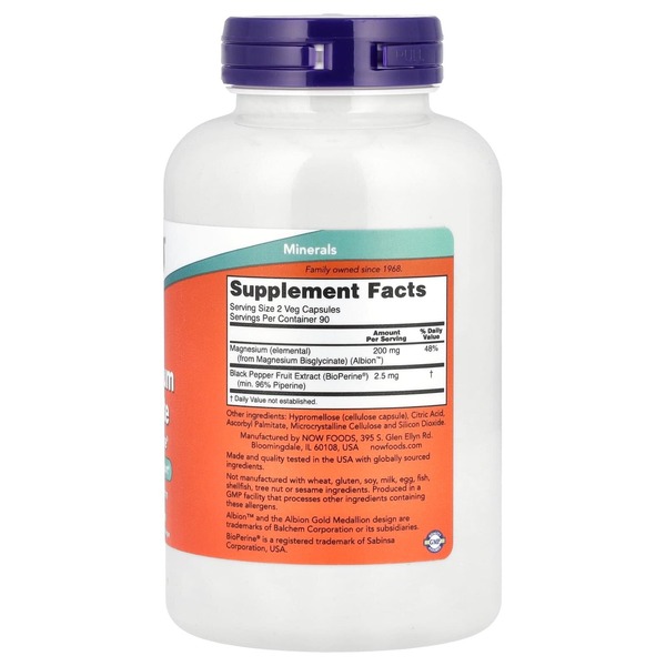 Бісгліцинат магнію NOW Magnesium Glycinate with BioPerine, 180 вегакапсул. Фото 2
