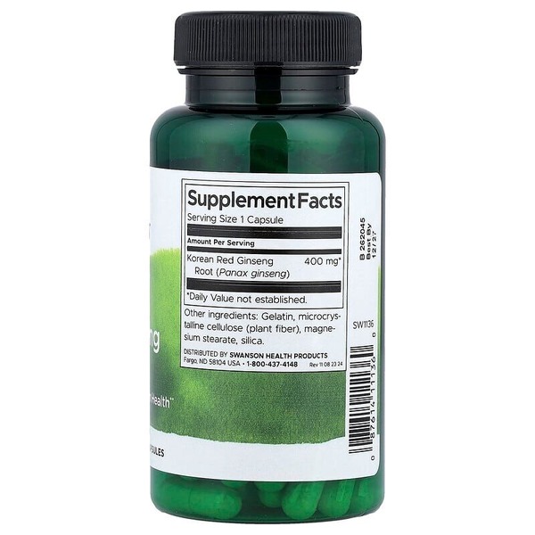 Корень корейского красного женьшеня Swanson Korean Red Ginseng Root 400 mg Full Spectrum, 90 капсул. Фото 2