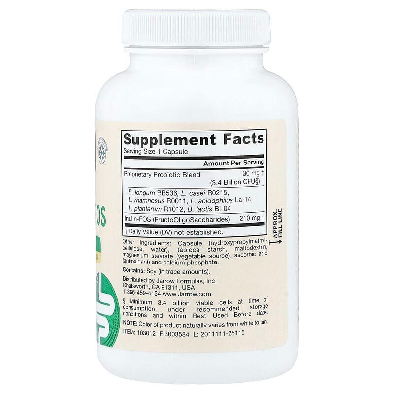 Пробіотики Jarrow Formulas Vegan Jarro-Dophilus Plus FOS, 200 вегакапсул. Фото 2