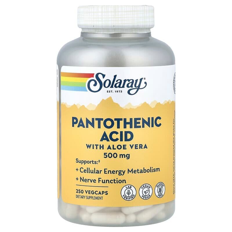 Пантотенова кислота Solaray Pantothenic Acid 500 mg, 250 вегакапсул з алое вера
