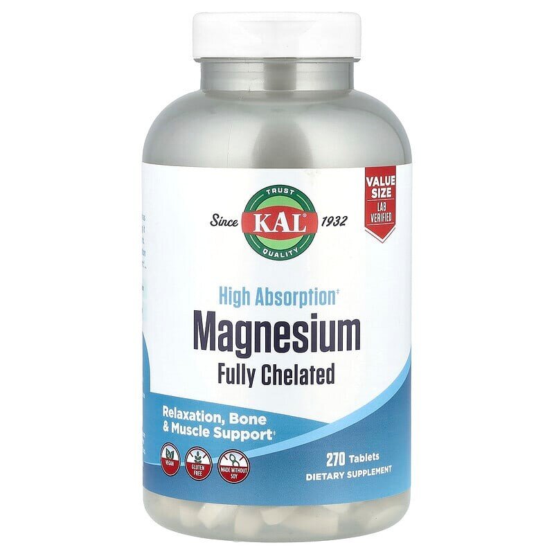 Витамины и минералы KAL High Absorption Magnesium Fully Chelated, 270 таблеток