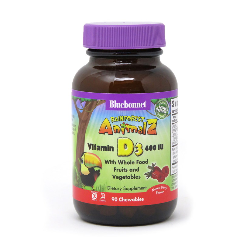 Витамін D3 для дітей Bluebonnet Nutrition Rainforest Animalz Vitamin D3 400 IU, 90 жувальних таблеток - Ягоди з сумішшю суперфудів