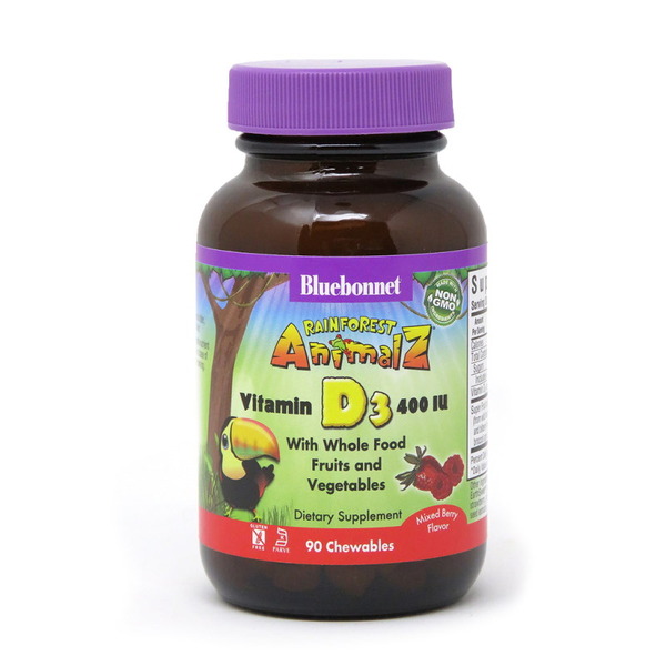 Витамін D3 для дітей Bluebonnet Nutrition Rainforest Animalz Vitamin D3 400 IU, 90 жувальних таблеток - Ягоди з сумішшю суперфудів
