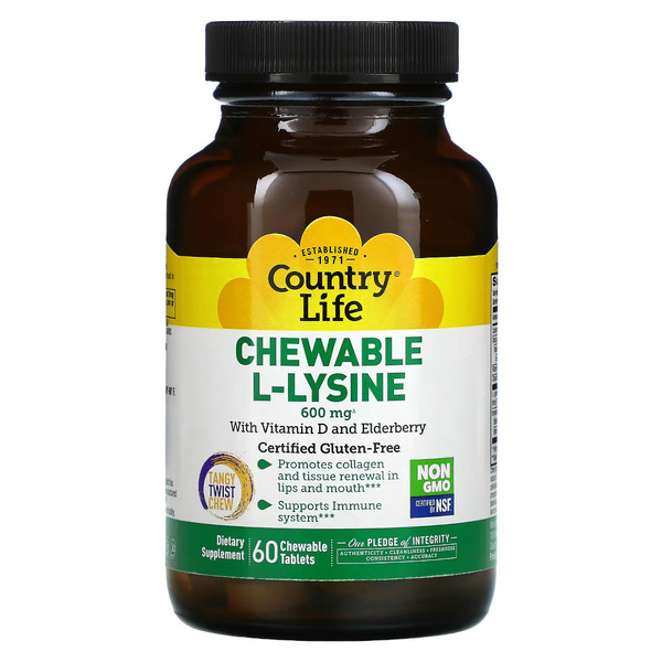 Амінокислота Country Life Chewable L-Lysine, 60 жувальних таблеток