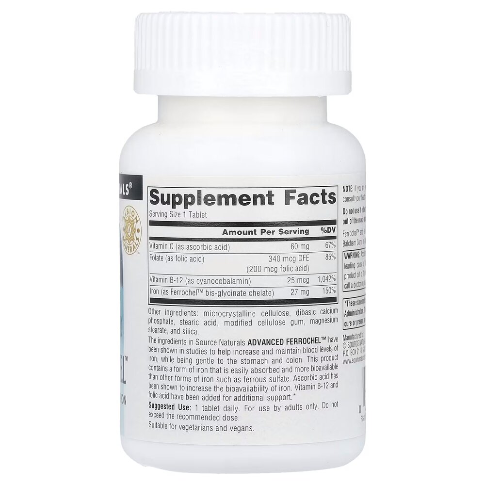 Хелатне залізо Source Naturals Advanced Ferrochel, 180 таблеток з вітамінами В та С. Фото 2