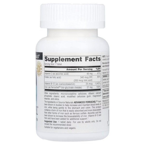 Хелатне залізо Source Naturals Advanced Ferrochel, 180 таблеток з вітамінами В та С. Фото 2