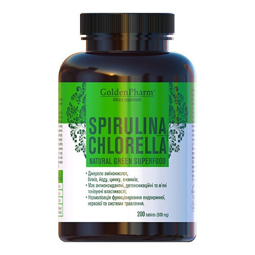 Натуральна добавка Golden Pharm Spirulina + Chlorella, 200 пігулок