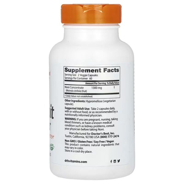 Порошок из плодов нони Doctor's Best Noni Fruit 1300 mg Powder, 120 вегакапсул для поддержки иммунной системы. Фото 2