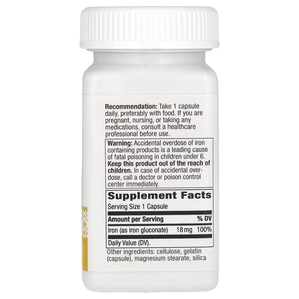 Залізо Nature's Way Iron 18 mg, 100 капсул для підтримки рівня гемоглобіну. Фото 2