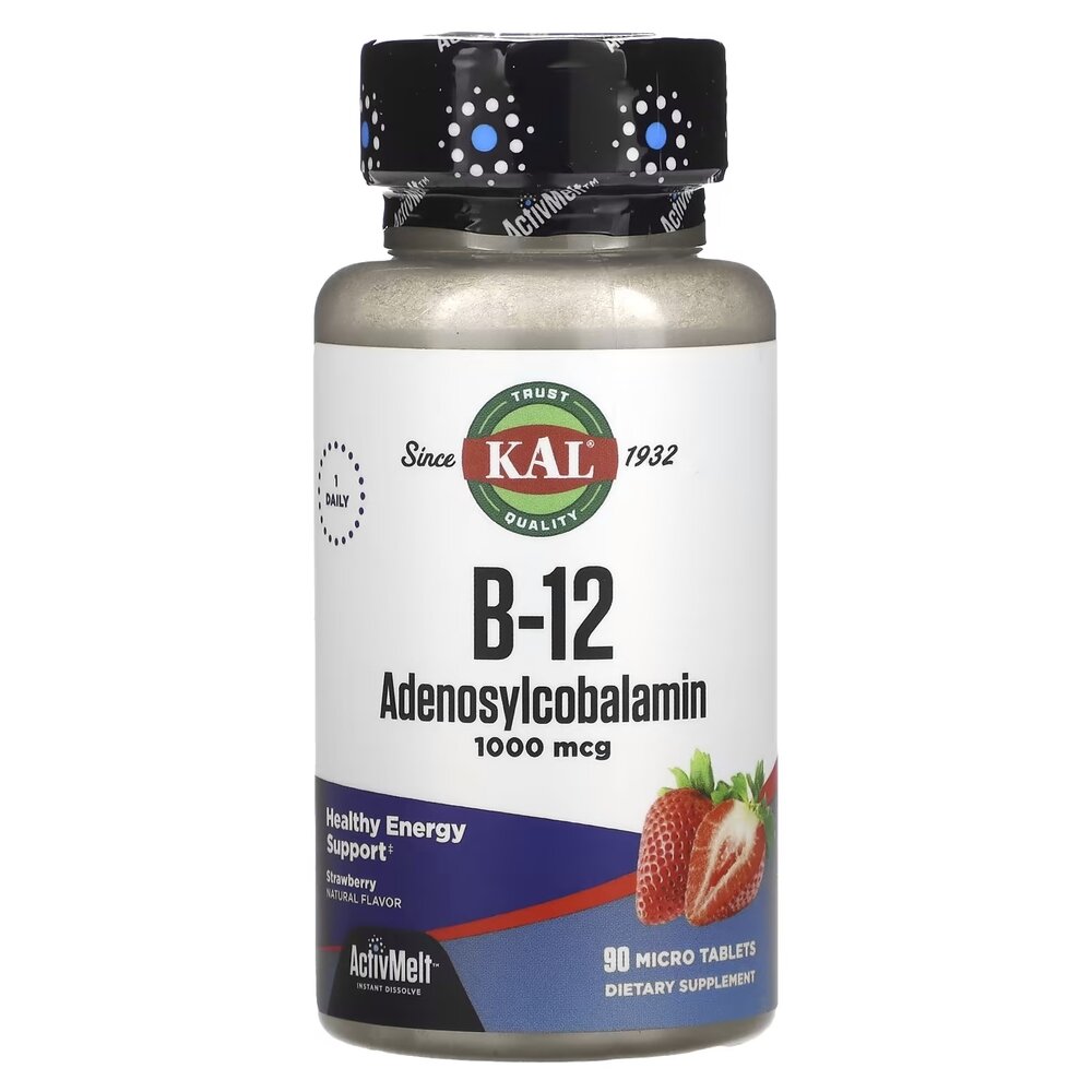 Витамин В -12  аденозилкобаламин KAL Vitamin B-12 Adenosylcobalamin 1000 mcg, 90 микро таблеток - Клубника для поддержки нервной системы