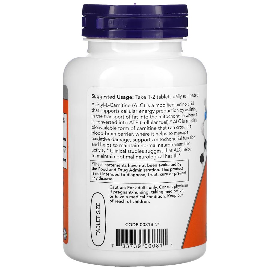 Жироспалювач NOW Acetyl-L-Carnitine 750 mg, 90 таблеток. Фото 3