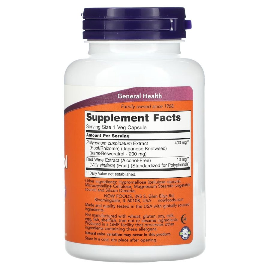 Натуральна добавка NOW Resveratrol 200 mg, 120 вегакапсул. Фото 2