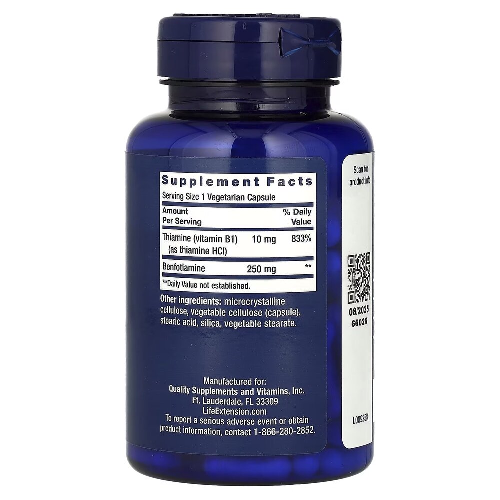Бенфотіамін Life Extension Mega Benfotiamine 250 mg, 120 вегакапсул для підтримки рівня цукру в крові. Фото 2