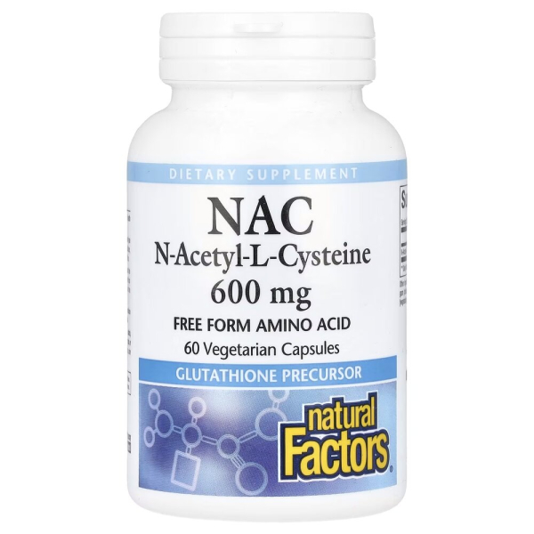 N-ацетил-L-цистин Natural Factors N-Acetyl-L-Cysteine 600 mg, 60 вегакапсул для антиоксидантной поддержки