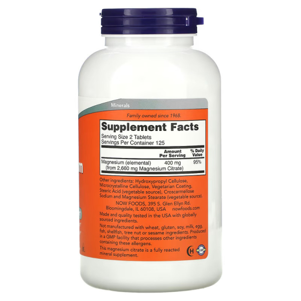 Вітаміни та мінерали NOW Magnesium Citrate 200 mg, 250 таблеток. Фото 2